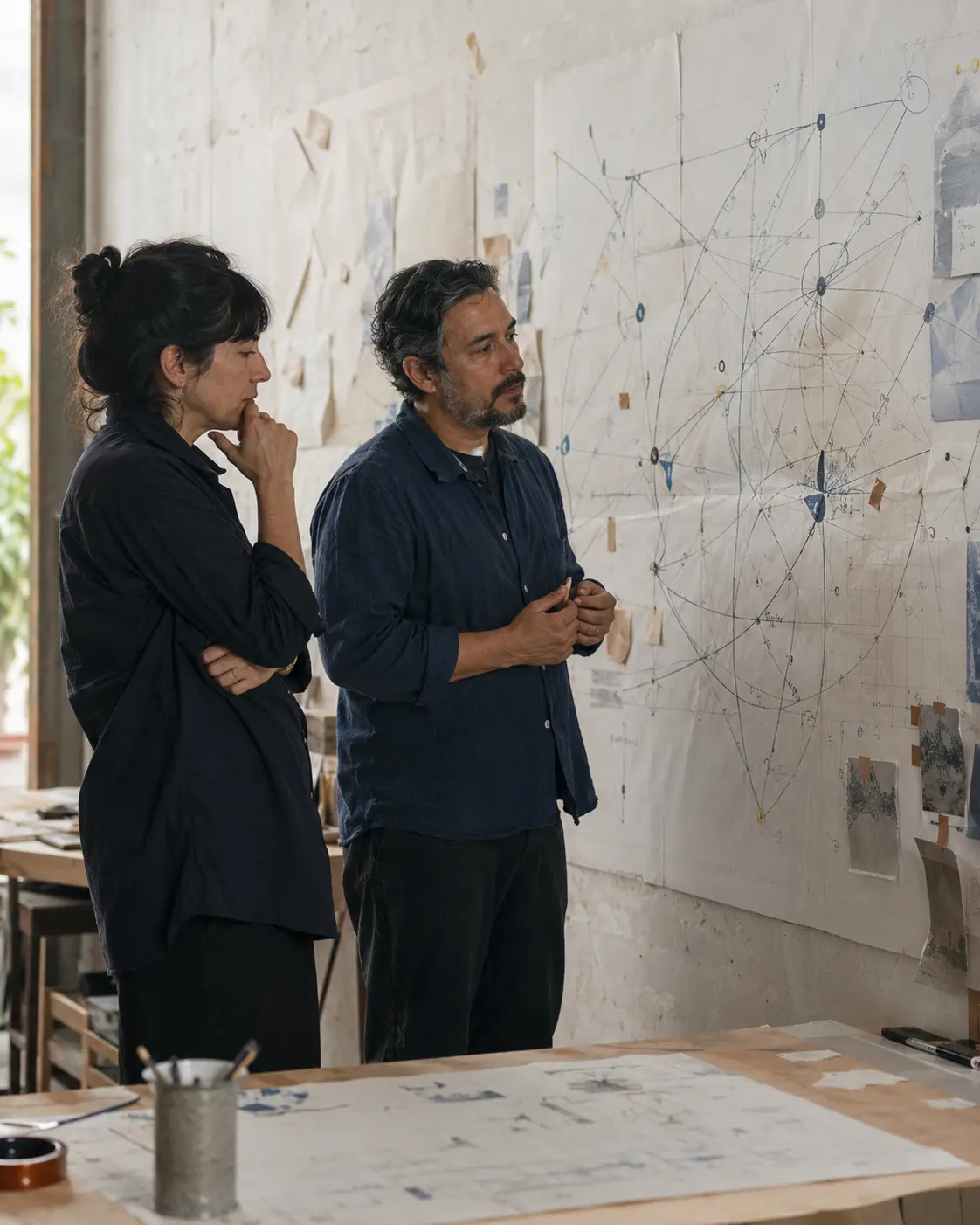 Dos profesionales observan y conversan frente a un mapa de relaciones sistémicas